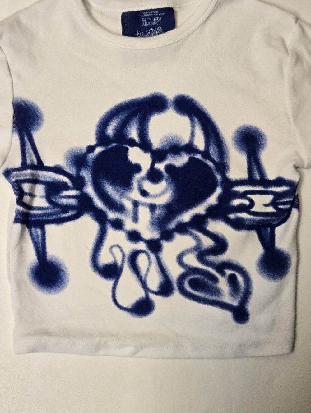 Alehsy Bershka Baby Tee White Blue Street Graffiti Graphic Womens Xs Crop Top View 2